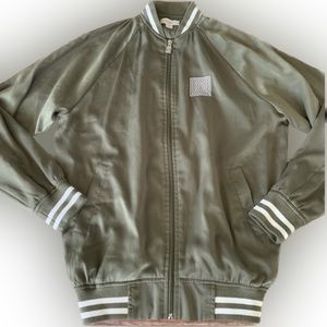 LuLaRoe Stevie Olive Army Green Silky Satin Varsity Bomber Jacket XS